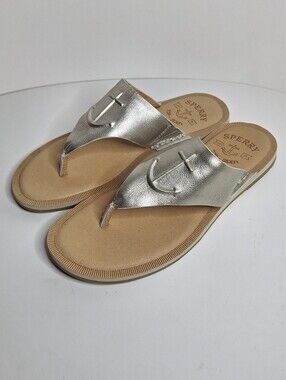 Sperry Seaport Silver Leather Thong Sandal Flip Flop Womens Size 7 -Sts83053